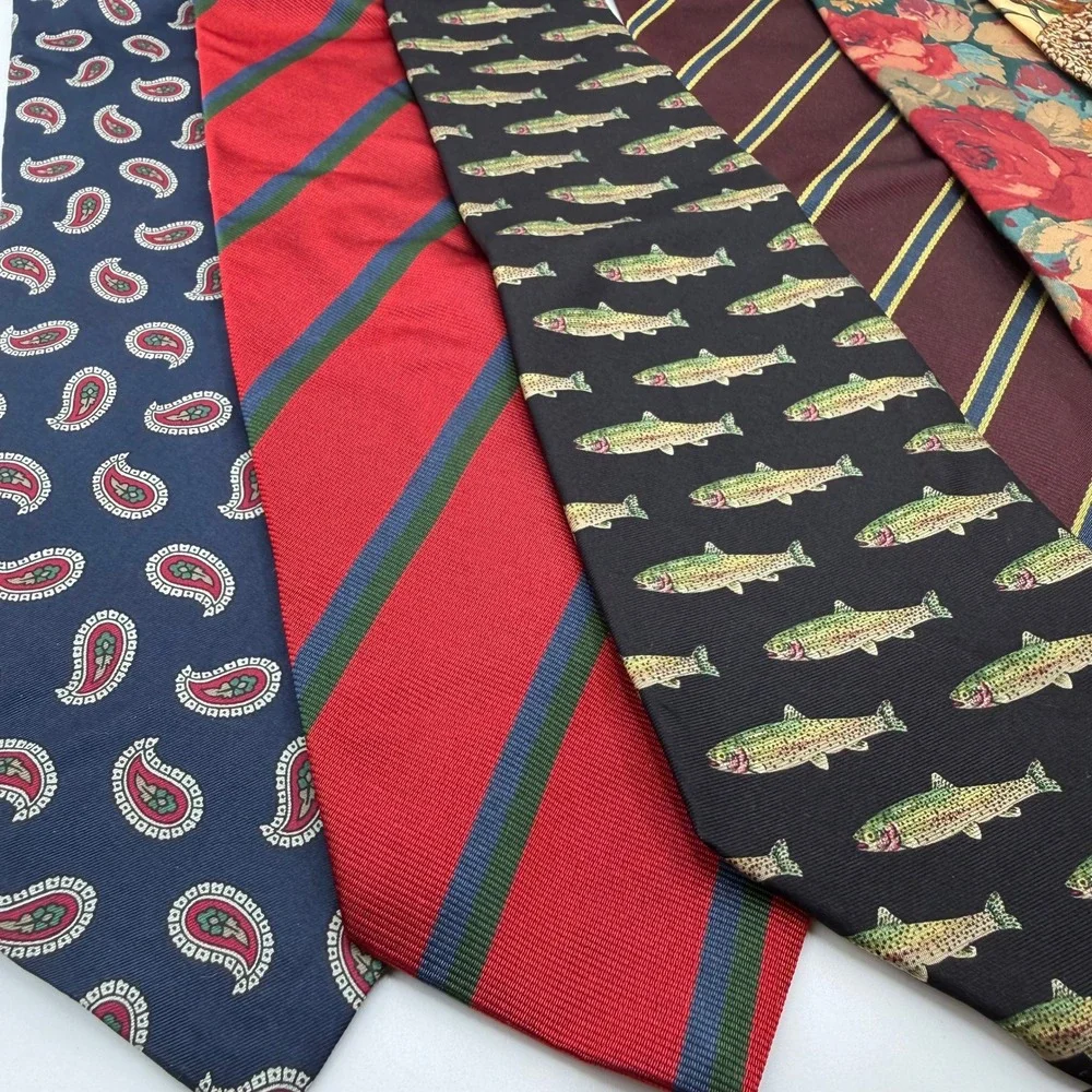 Huntington Mens Silk Necktie Lot of 7 Vintage Paisley Striped Fish Bird Floral